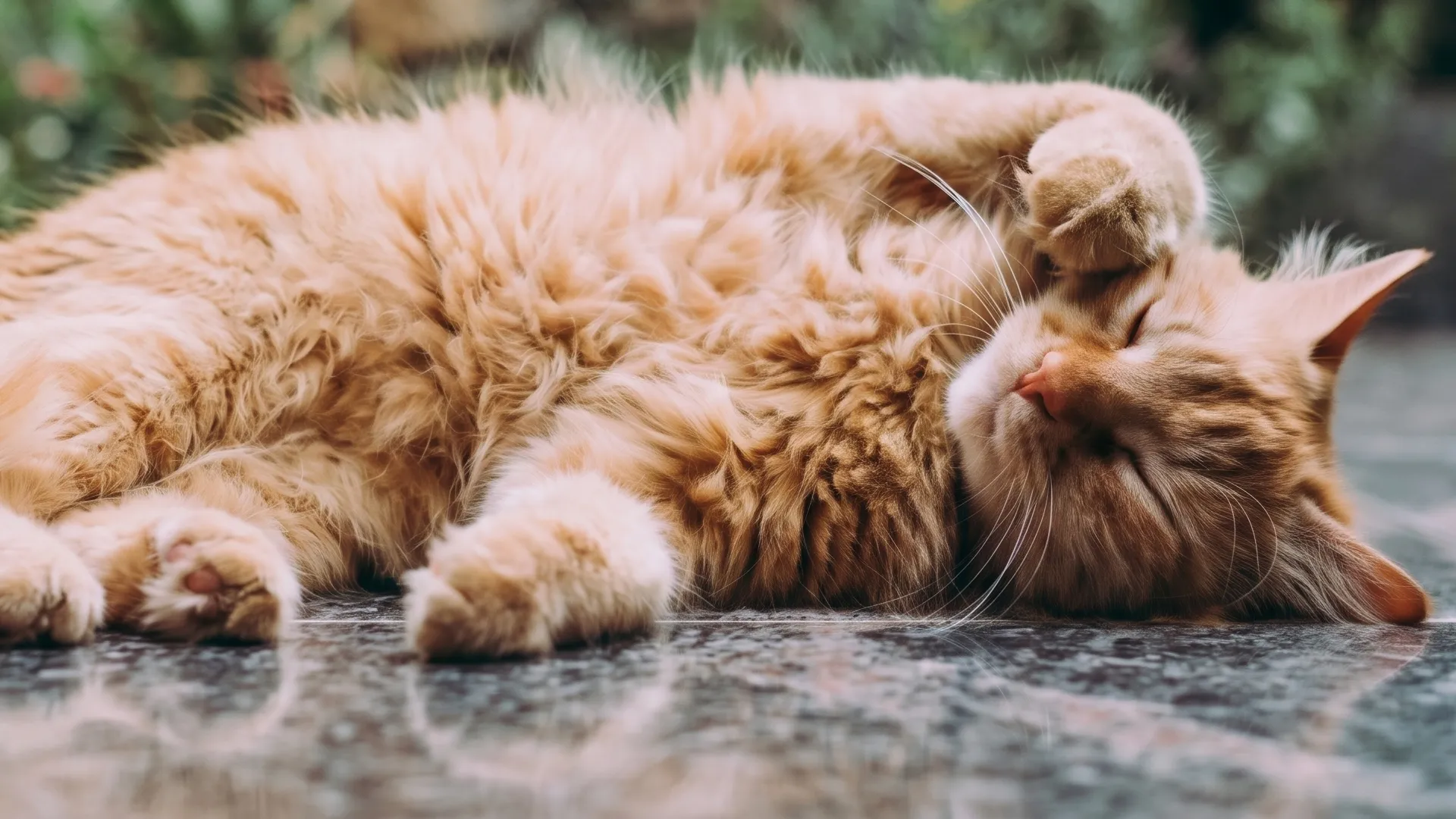 Lähikuva oranssista kissasta nukkumassa kyljellään ulkona kiiltävällä kivilattialla.