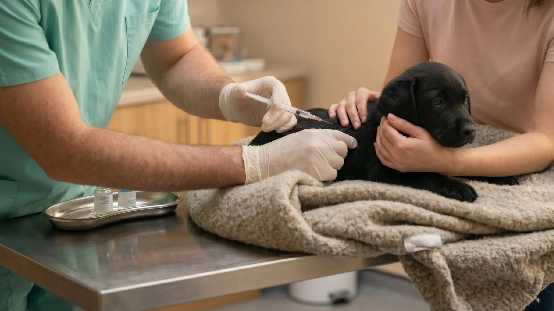 Eläinlääkäri antaa rokotuksen mustalle labradorinnoutajan pennulle omistajan pidellessä pentua.