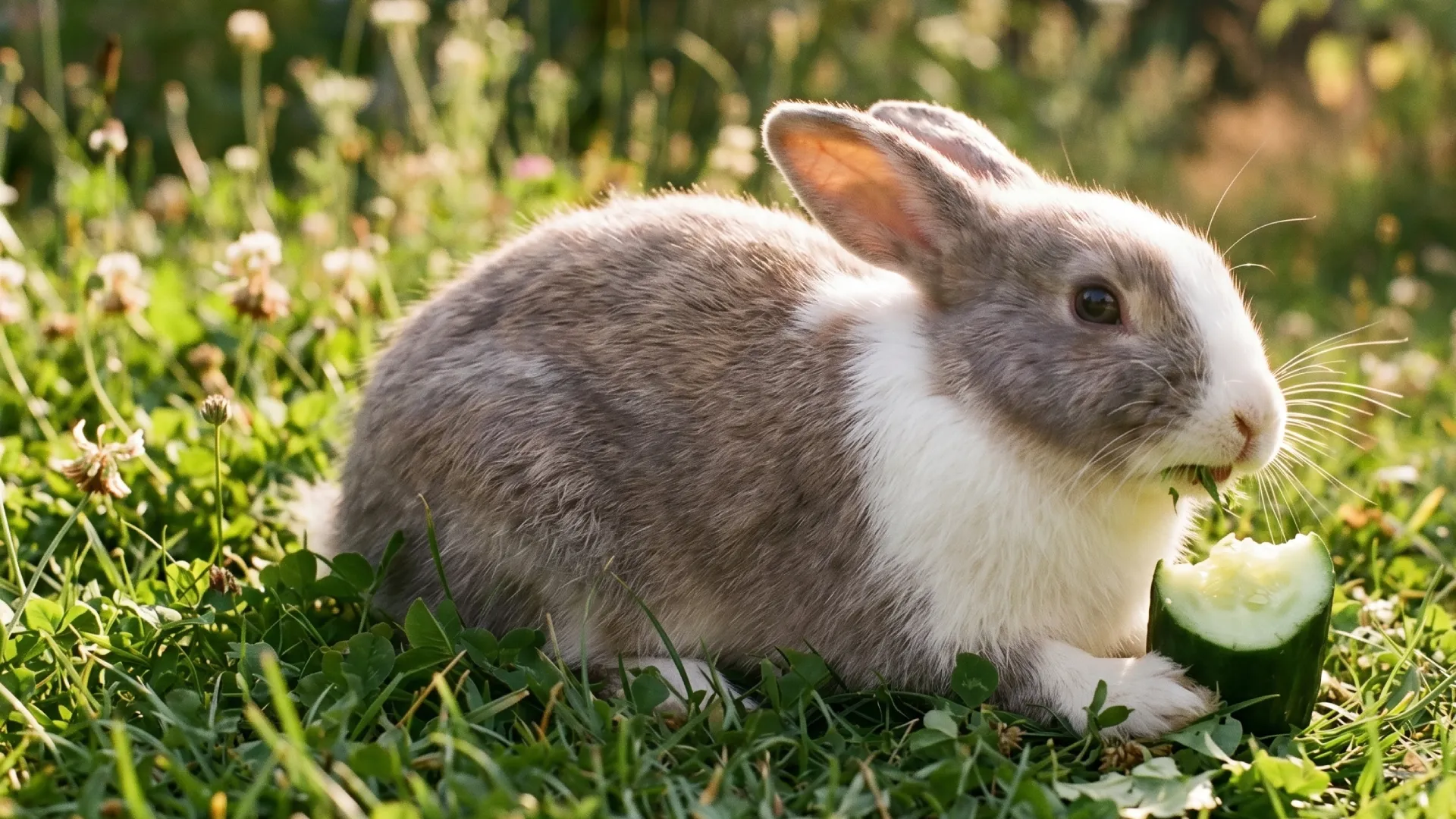 Harmaanvalkea pupu syö kurkkua ruohikolla auringonpaisteessa.